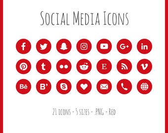 Social Media Icons - red, 21 icons in 3 sizes, PNG files, flat style