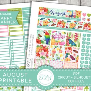 Può includere: Un planner stampabile per agosto con un tema tropicale. Il planner include un calendario, una lista di cose da fare e una sezione per gli obiettivi. Il design presenta fiori colorati, farfalle, pappagalli e ananas. Il testo "Agosto" e "Ciao agosto" è incluso nel design.