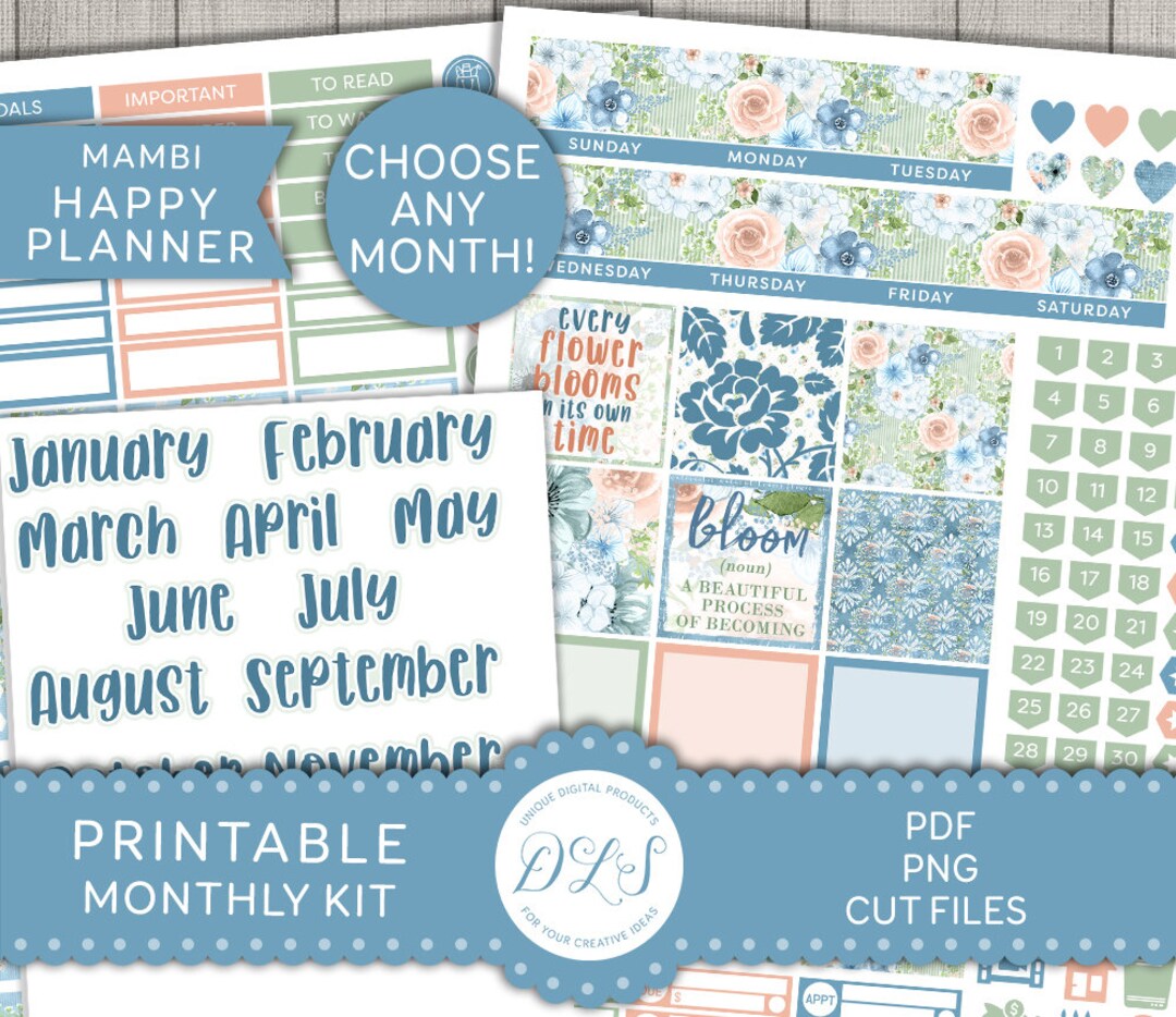 Printable FLORAL Monthly Planner Stickers, Happy Planner Monthly ...