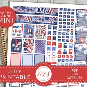 Printable JULY Monthly Kit, Mini Happy Planner JULY Stickers Kit, July 4th Monthly Planner Stickers, Mini HP July Kit, Cut Files, MM166