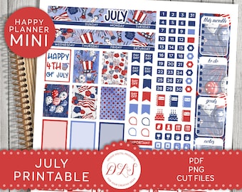 Pode incluir: Adesivos imprimíveis para o planejador de julho com um tema patriótico vermelho, branco e azul. Os adesivos apresentam fogos de artifício, estrelas, balões e as palavras "Happy 4th of July".
