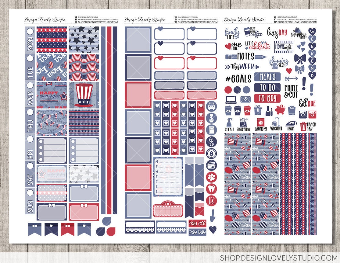 PRINTABLE 4th of July Planner Stickers Kit, Printable HOBONICHI Weeks ...