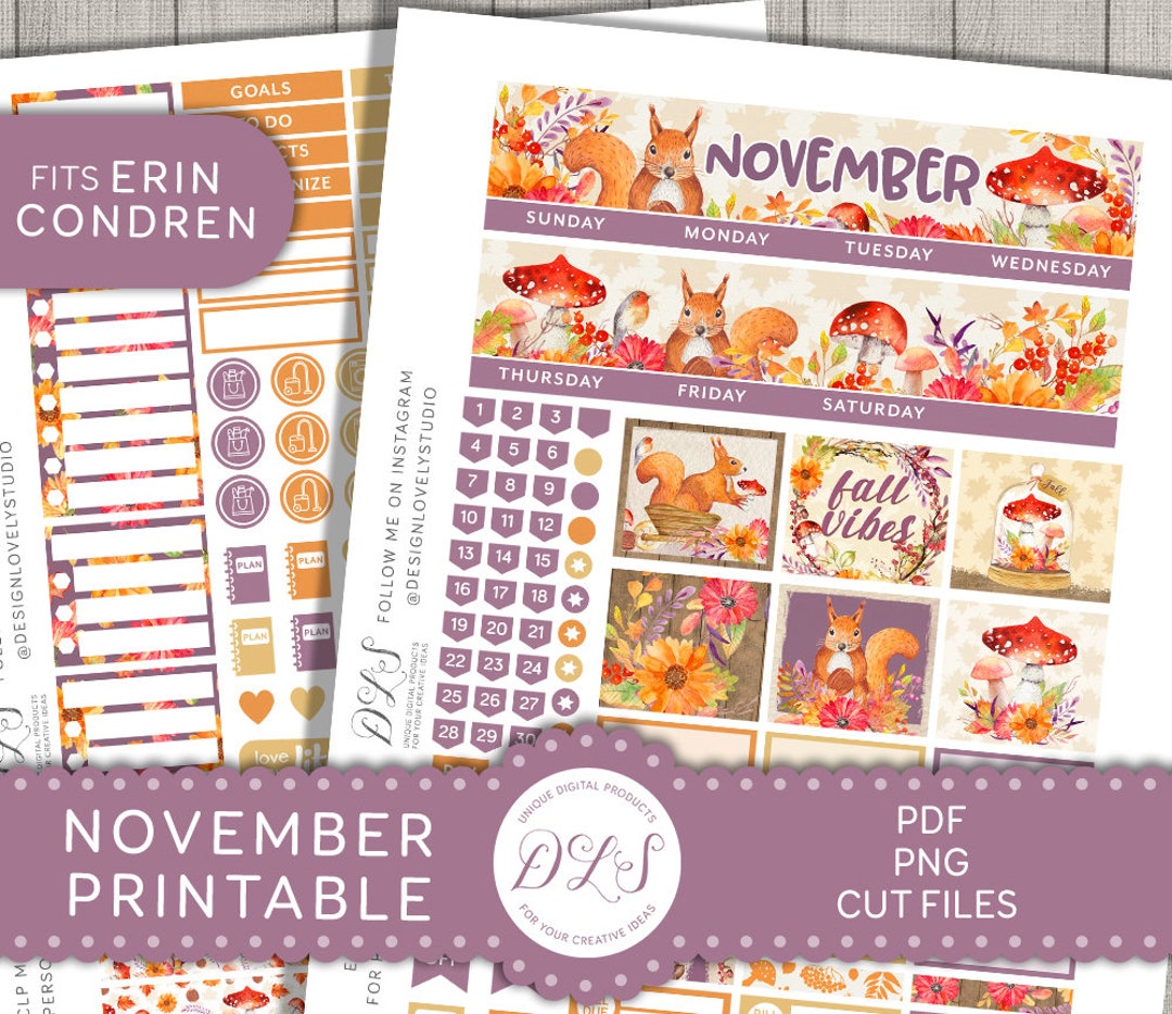 Printable NOVEMBER Monthly Planner Stickers, for Erin Condren Life ...