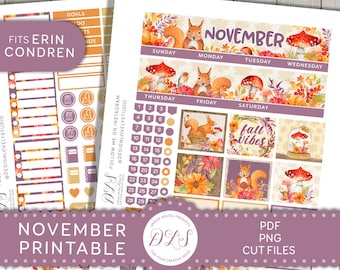 Op de afbeelding: Printbare november-planner stickers met een herfstthema met eekhoorns, paddenstoelen en bladeren in tinten oranje, rood, bruin en geel. De stickers bevatten een kalender, dagen van de week en de zin "fall vibes".