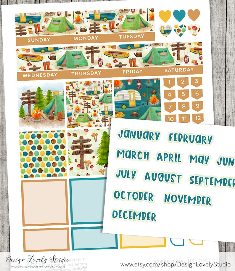 Puede incluir: Un conjunto de pegatinas imprimibles para planificadores con tem&aacute;tica de camping. Las pegatinas incluyen una variedad de dise&ntilde;os, como tiendas de campa&ntilde;a, fogatas y una camioneta de camping. Las pegatinas son perfectas para agregar un toque de fantas&iacute;a a tu planificador.