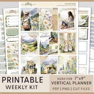 Pegatinas imprimibles del planificador de verano, camping, senderismo, vacaciones, naturaleza, montañas, kit de pegatinas semanales verticales, pegatinas de Erin Condren, VS256