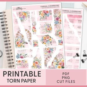 Adesivi di carta strappata a tema carnevale - Carta strappata stampabile per journaling e planner, adesivi decorativi per luna park, kit per scrapbooking Bujo, JS219