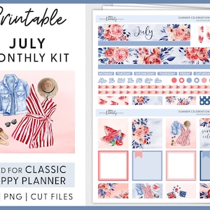 Kit de pegatinas mensuales de julio, pegatinas del planificador de julio, kit de pegatinas del planificador feliz, pegatinas del planificador imprimibles, pegatinas del 4 de julio, HPMV199