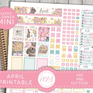 Mini kit de adesivos de abril para planejador feliz, kit mensal de abril para impressão, adesivos de planejador de Páscoa, adesivos de planejador mensal de primavera pastel, MM161
