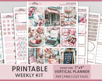 May include: Printable planner stickers with a cafe theme. The stickers feature a pink and blue color scheme with illustrations of coffee, pastries, and a typewriter. The text "Cafe Amour" is featured on the stickers. The stickers are sized for a 7 inch by 9 inch vertical planner.