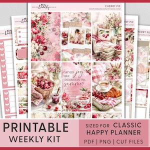 Kit hebdomadaire Cerise d'été - Stickers imprimables pour agenda heureux, fleurs rouges romantiques, pâtisseries estivales et esthétique de fruits vintage HP280