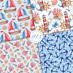 May include: Four digital paper patterns featuring nautical themes. The patterns include red and blue sailboats, anchors, seashells, coral, lighthouses, and steering wheels on a blue and white striped background.
