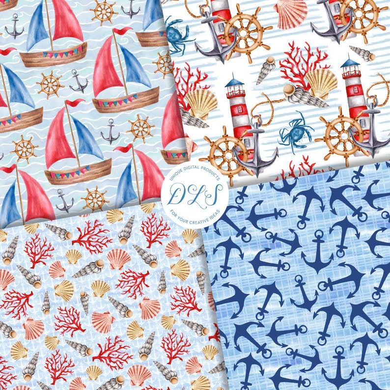 May include: Four digital paper patterns featuring nautical themes. The patterns include red and blue sailboats, anchors, seashells, coral, lighthouses, and steering wheels on a blue and white striped background.