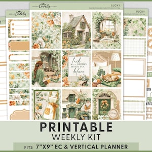 May include: Printable weekly kit for 7"x9" EC and vertical planners. The design features a cottagecore theme with floral and botanical elements in shades of green, beige, and orange. Includes various planner stickers and decorative elements.