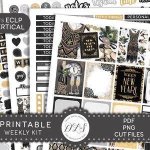 Kit d'agenda hebdomadaire pour la Saint-Sylvestre, autocollants imprimables pour la Saint-Sylvestre, autocollants Nouvel An noirs et dorés, convient à Erin Condren Vertical, VS159