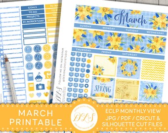 March Stickers Kit for Erin Condren, Printable March Planner Stickers, March Monthly View Kit, March Planner Printable, Cut Files, MV120