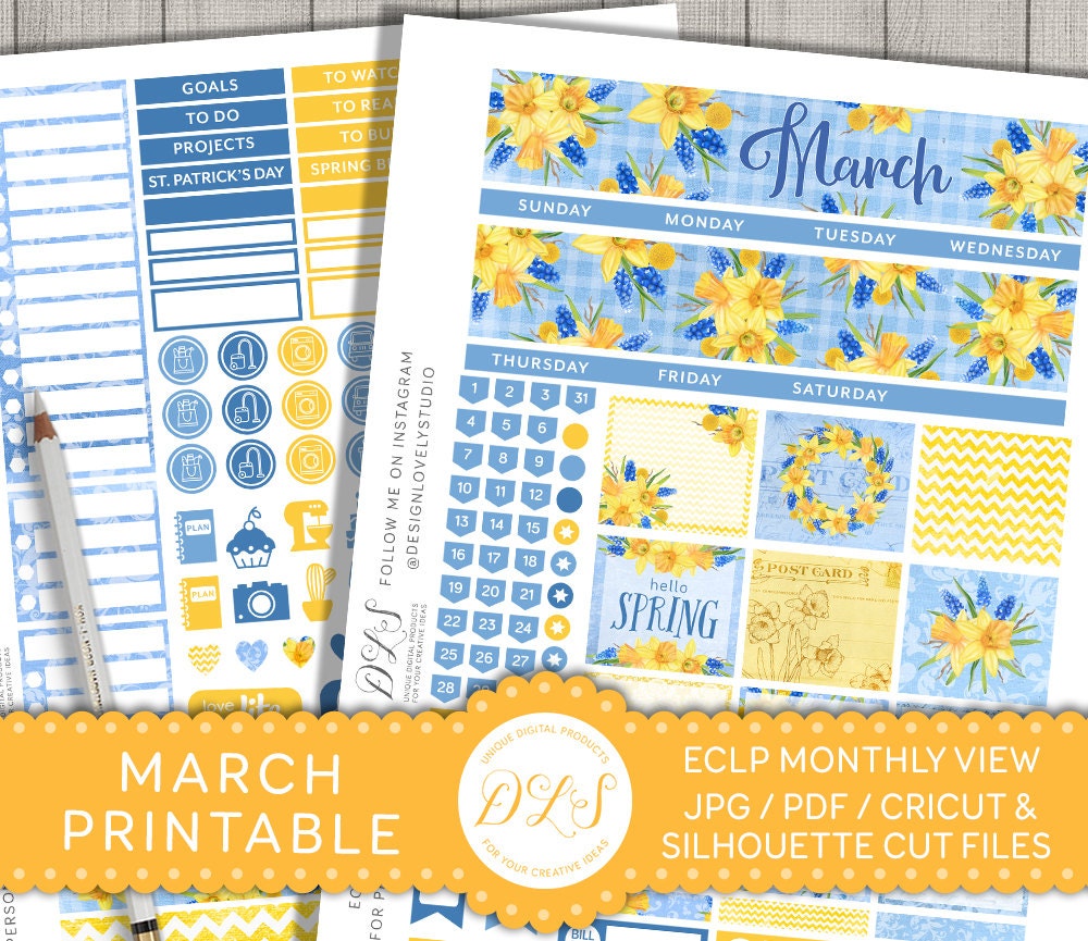 March Stickers Kit for Erin Condren, Printable March Planner Stickers ...