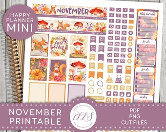 Printbare maandstickerset voor november, mini Happy Planner novemberset, herfst maandset, plannerstickers met bosdieren, MM175