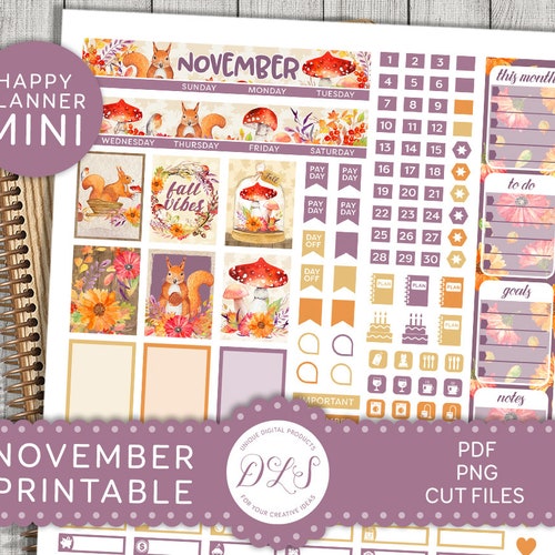 Printable November Monthly Stickers Kit Mini Happy Planner - Etsy