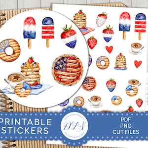 Op de afbeelding: Printbare stickers met een verscheidenheid aan patriottische ontwerpen, waaronder donuts, pannenkoeken, taarten, ijs en aardbeien. De stickers zijn perfect om een ​​Amerikaanse touch toe te voegen aan je knutselwerk, geschenken en interieurdecoratie.
