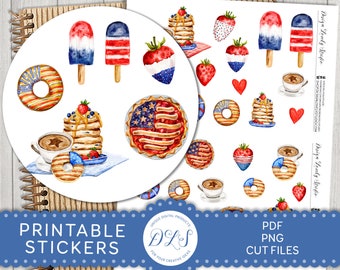 4th of July Printable Stickers, Patriotic Stickers, Memorial Day Planner Stickers, Journaling Stickers, Scrapbook Stickers, Cut Files, DS181