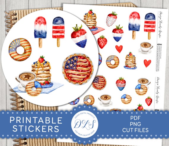 4th of July Printable Stickers, Patriotic Stickers, Memorial Day Planner Stickers, Journaling Stickers, Scrapbook Stickers, Cut Files, DS181