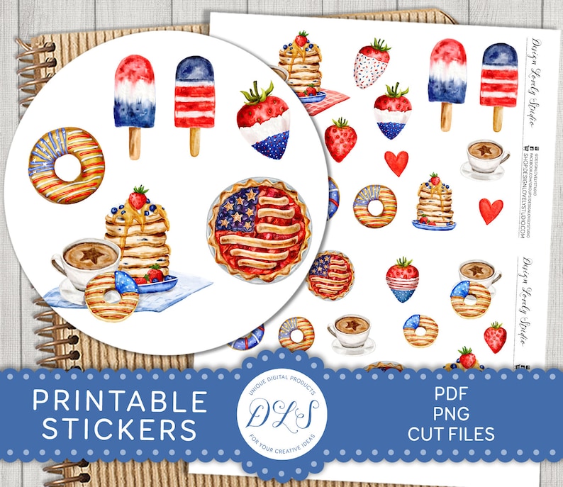Op de afbeelding: Printbare stickers met een verscheidenheid aan patriottische ontwerpen, waaronder donuts, pannenkoeken, taarten, ijs en aardbeien. De stickers zijn perfect om een ​​Amerikaanse touch toe te voegen aan je knutselwerk, geschenken en interieurdecoratie.