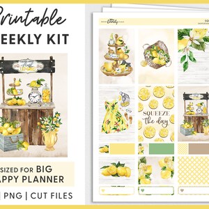 May include: Printable weekly planner kit with a lemon theme. The kit includes stickers with lemons, a lemonade stand, and the text "Squeeze the day".