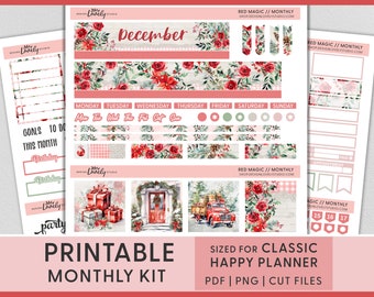 Pegatinas imprimibles del planificador de diciembre, pegatinas mensuales del planificador feliz, kit de pegatinas mensuales de diciembre, pegatinas del planificador de Navidad, HPMV239