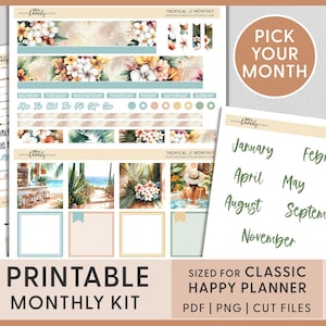 Pegatinas tropicales para planificador mensual: kit imprimible de junio, julio y agosto para el clásico Happy Planner, temática de piscina y playa, HPMV269