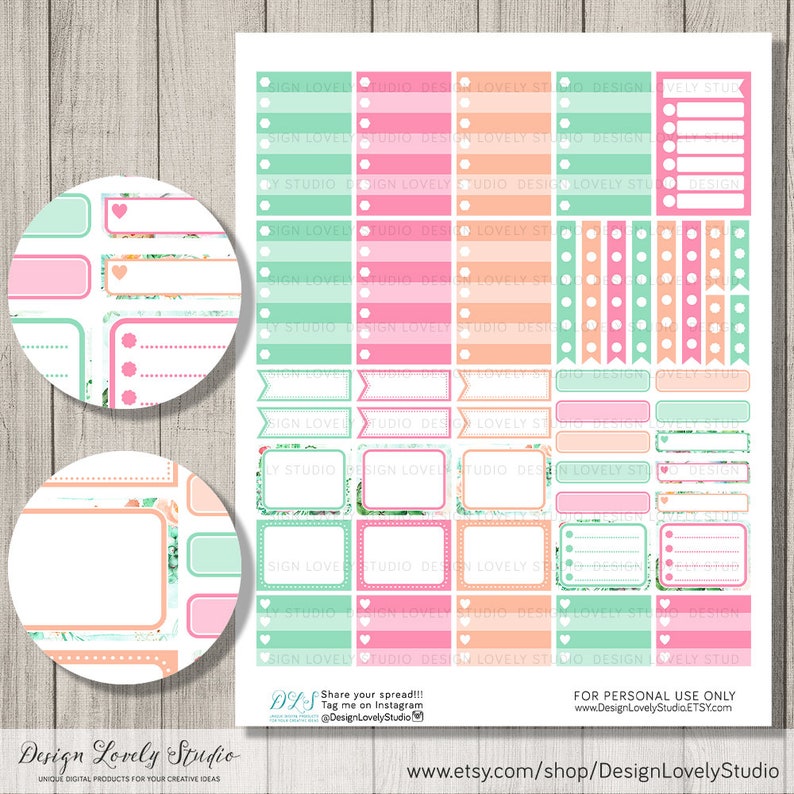 May include: A sheet of printable planner stickers with a floral design. The stickers are in shades of pink, green, and peach. The stickers include various shapes and sizes, including circles, squares, and rectangles. The stickers are designed for personal use only.