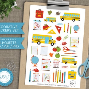 Retour à l’école Planner Stickers, imprimable Retour à l’école Stickers, Kit de Stickers décoratifs planificateur, autocollants de l’école, autobus scolaire, DS105