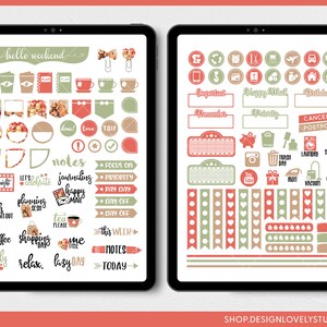 May include: Two digital tablets displaying planner stickers in red, green, and brown. The stickers include icons for coffee, notes, and events, with phrases like "hello weekend" and "happy mail". The design is for digital planning.