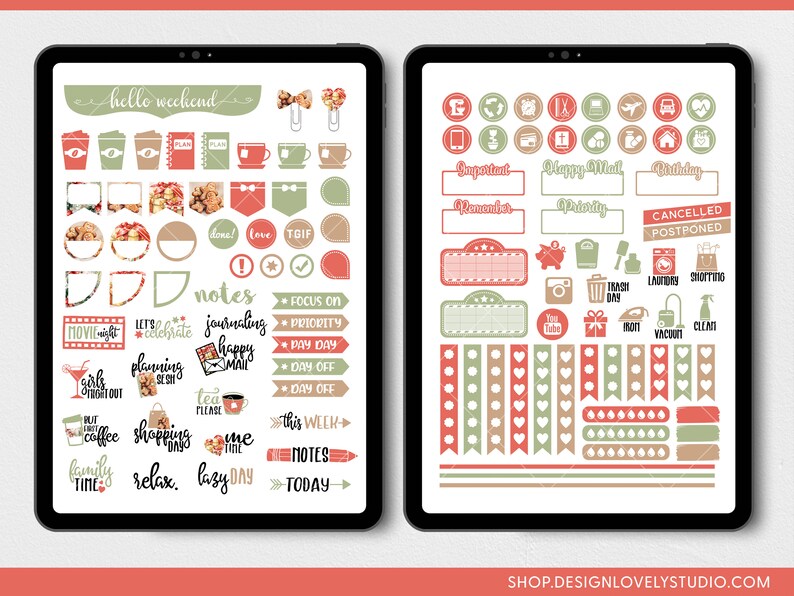 May include: Two digital tablets displaying planner stickers in red, green, and brown. The stickers include icons for coffee, notes, and events, with phrases like "hello weekend" and "happy mail". The design is for digital planning.