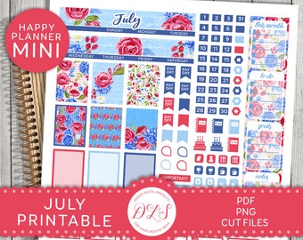 JULY Planner Stickers, Mini Happy Planner Printable Stickers, July Monthly Sticker Kit, Cut Files, Digital Planner Stickers, MM203