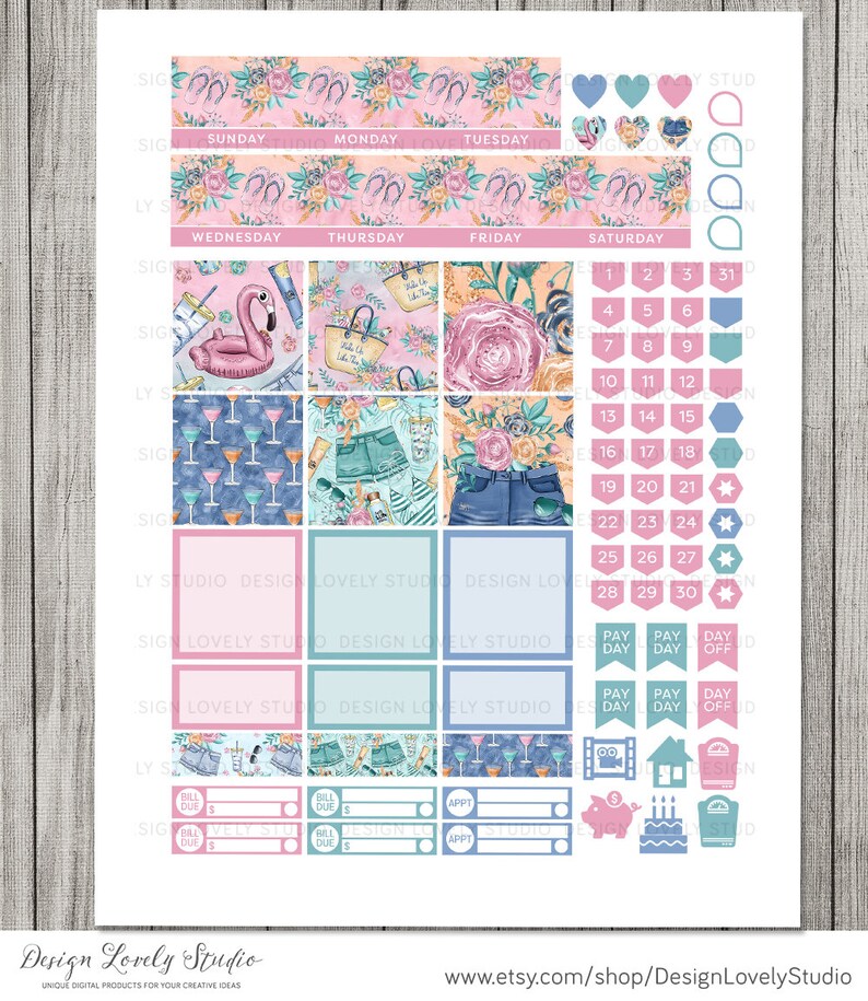 Happy Planner Printable Monthly Stickers, Beach Planner Stickers Kit ...