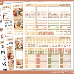 May include: A planner sticker sheet with a fall foliage theme. The sheet includes calendar stickers, decorative elements, and functional labels in shades of orange, green, and beige. A silver pen rests on the right side. The text "PAGE 2/4" is visible.