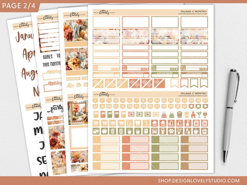 May include: A planner sticker sheet with a fall foliage theme. The sheet includes calendar stickers, decorative elements, and functional labels in shades of orange, green, and beige. A silver pen rests on the right side. The text "PAGE 2/4" is visible.