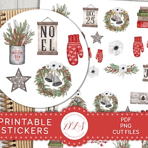 Afdrukbare kerstplannerstickers, kerstplakboekstickers, decoratieve kerststickers, Bujo afdrukbare stickers, DS137