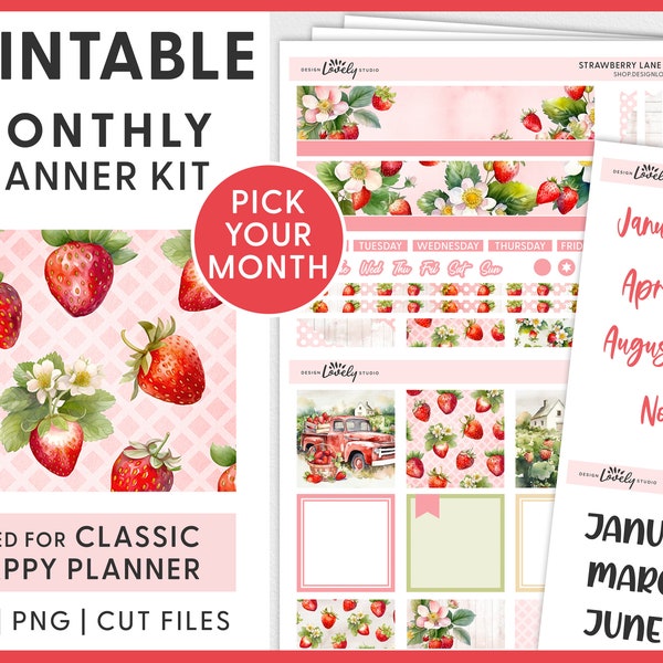Mai Planner Sticker, Juni Planner Sticker, druckbare Monats Sticker, Erdbeer Sticker, Happy Planner Monthly Kit, HPMV223