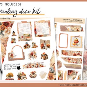May include: A journaling deco kit with fall-themed stickers and decorative elements. The kit includes floral designs, pumpkins, and the text "Keep Blooming, Even as the Leaves Fall." A silver pen is on the left.