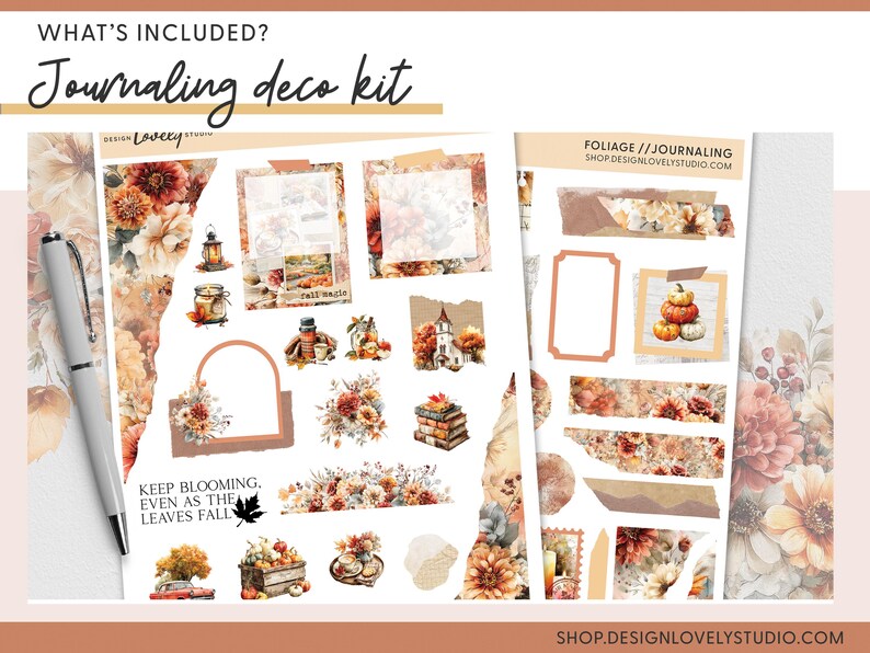 May include: A journaling deco kit with fall-themed stickers and decorative elements. The kit includes floral designs, pumpkins, and the text "Keep Blooming, Even as the Leaves Fall." A silver pen is on the left.