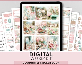 Adesivi digitali romantici a tema castello per agenda, adesivi settimanali per GoodNotes, adesivi floreali in stile cottagecore per iPad, shabby chic, DG203