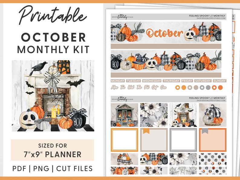 May include: Printable October monthly planner kit with a Halloween theme. The kit includes a variety of stickers featuring pumpkins, ghosts, bats, and other Halloween imagery. The stickers are designed for use with a 7" x 9" planner.