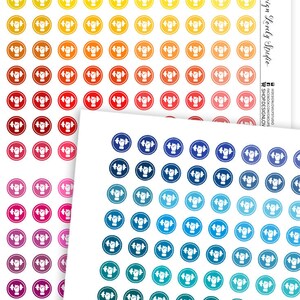 May include: A sheet of printable planner stickers featuring a hand holding a dumbbell in a variety of colors, including yellow, orange, red, pink, blue, green, and gray. The text "printable functional planner stickers" is at the top of the sheet.