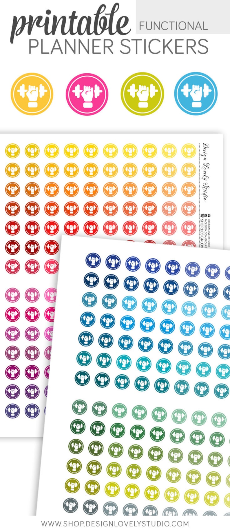 May include: A sheet of printable planner stickers featuring a hand holding a dumbbell in a variety of colors, including yellow, orange, red, pink, blue, green, and gray. The text "printable functional planner stickers" is at the top of the sheet.