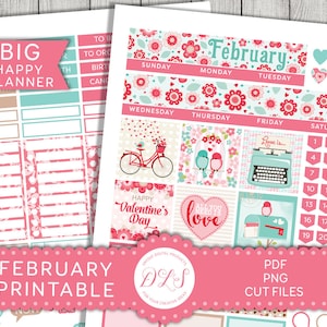Kit de pegatinas de febrero de Big Happy Planner imprimible, kit mensual de febrero, pegatinas del planificador del día de San Valentín, pegatinas mensuales de HP grandes, BM144