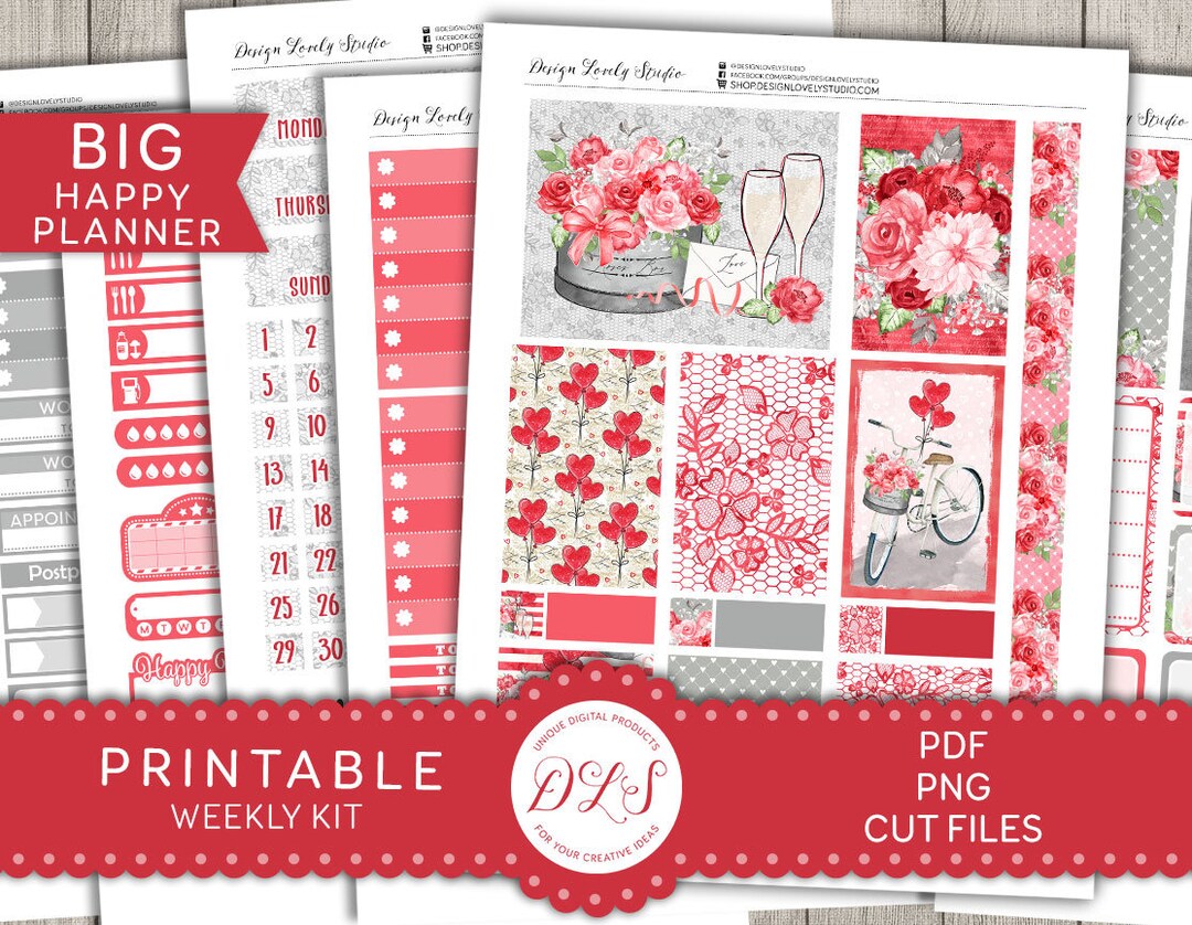 Big Happy Planner Valentine's Day Stickers Kit, Printable Valentines