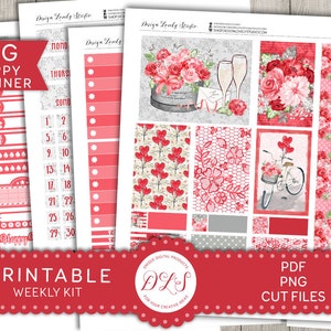 Big Happy Planner Valentine's Day Stickers Kit, Printable Valentines Day Weekly Stickers Kit, Pink Roses Valentine's Day Stickers, BW112