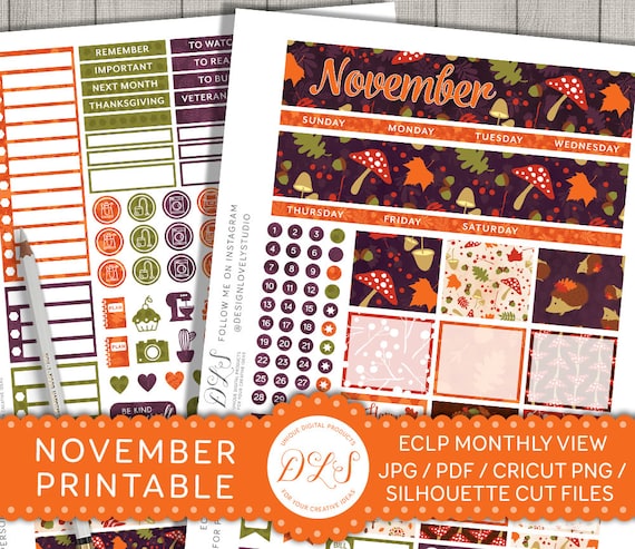 NOVEMBER Sticker Kit ECLP Printable Monthly Planner Stickers Fall Planner Squirrel Mushroom Fall Colors Stickers Planner Accessories MV111